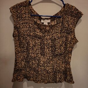 Jones New York Black and Tan Printed Cap-Sleeve Peplum Top